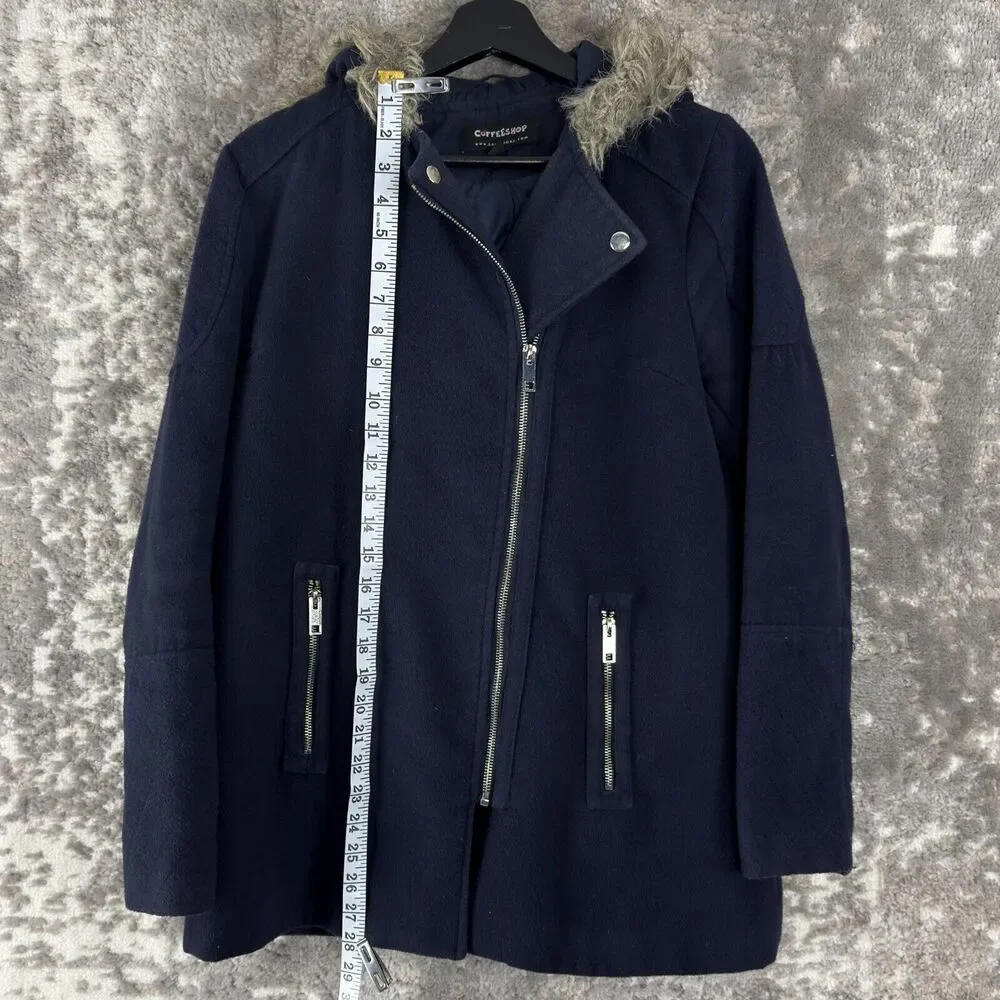 CoffeeShop Womens Sz S Faux Fur Full Zip Jacket Navy Long Sleeve Hooded‎ Outdoor